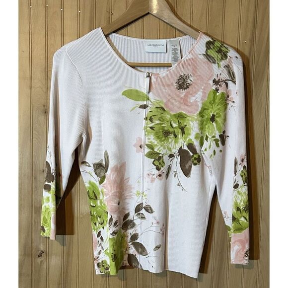 Liz Claiborne Sweaters - Liz Claiborne Petite Med Zip Up Sweater Cardigan 3/4 Sleeve Floral Zipper Ribbed